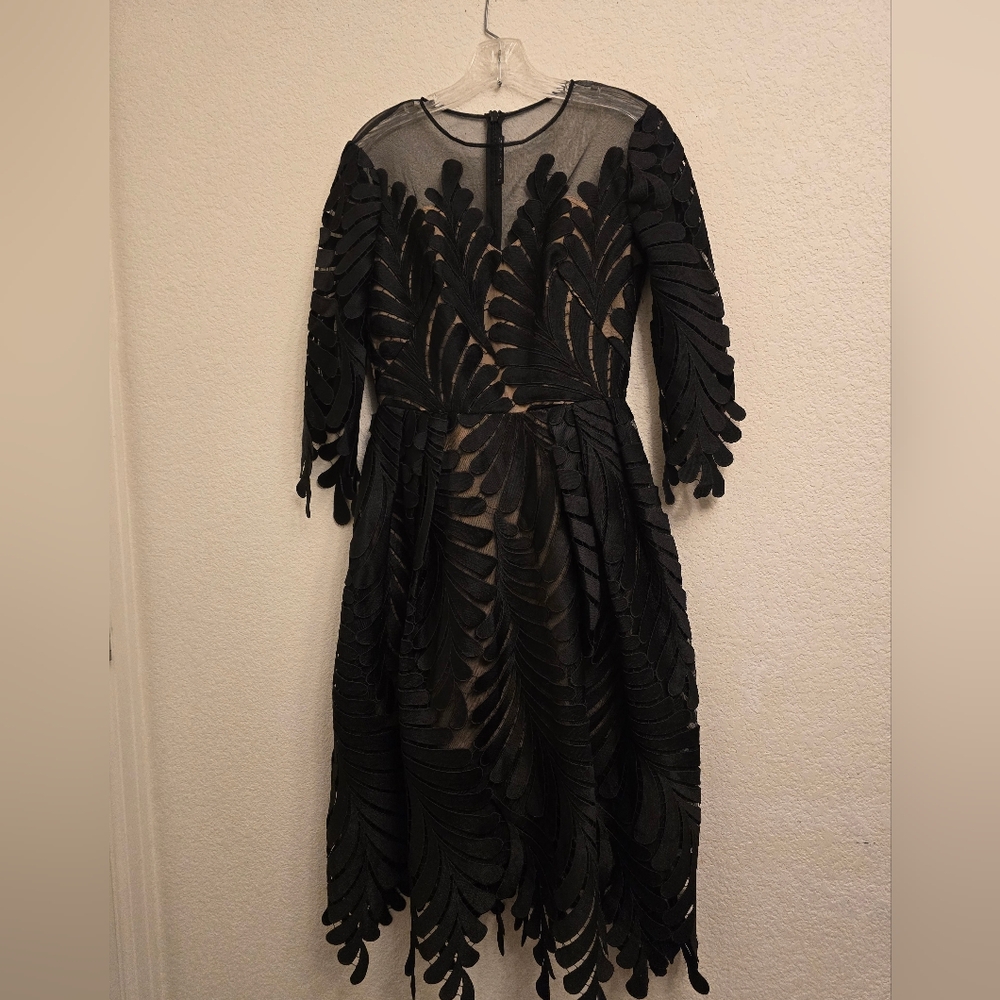 BHLDN Black Long Sleeve Sheer Appliqué Tea-Length Dress - Picture 12 of 16
